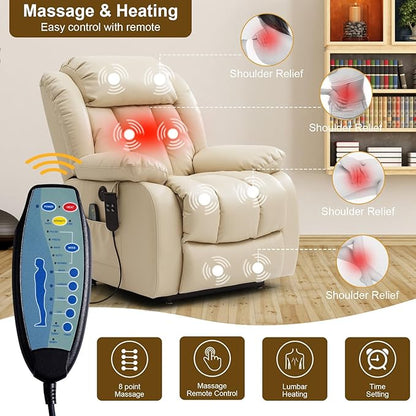 Dual Motor Large Power Lift Recliner Chair for Elderly with Heat and Massage,Lay Flat Lift Chairs Recliners for Seniors Infinite Position,USB Ports&Remote, Genuine Leather (Beige)