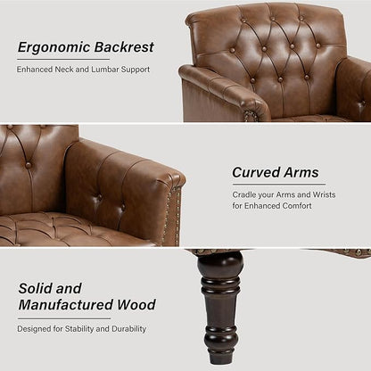 Faux Leather Accent Chair, PU Leather Modern Comfy Upholstered Armchair with Wood Legs & Nailhead Trim for Living Room, Bedroom (Brown,Set of 2)