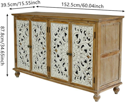 Accent Cabinet with 4 Doors, Hollow Carved Storage Sideboard, Wood Buffet Cabinet for Living Room, Dining Room, Entryway (4-Door 2 Compartment)