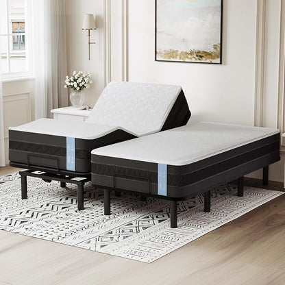 FLEXISPOT Adjustable Bed Frame Base Split King + 12" Cooling Gel Memory Foam Mattress, Massage, Head and Foot Incline, Zero Gravity, Zero Clearance, Under-Bed Lights, Anti-Snore, Wireless Remote