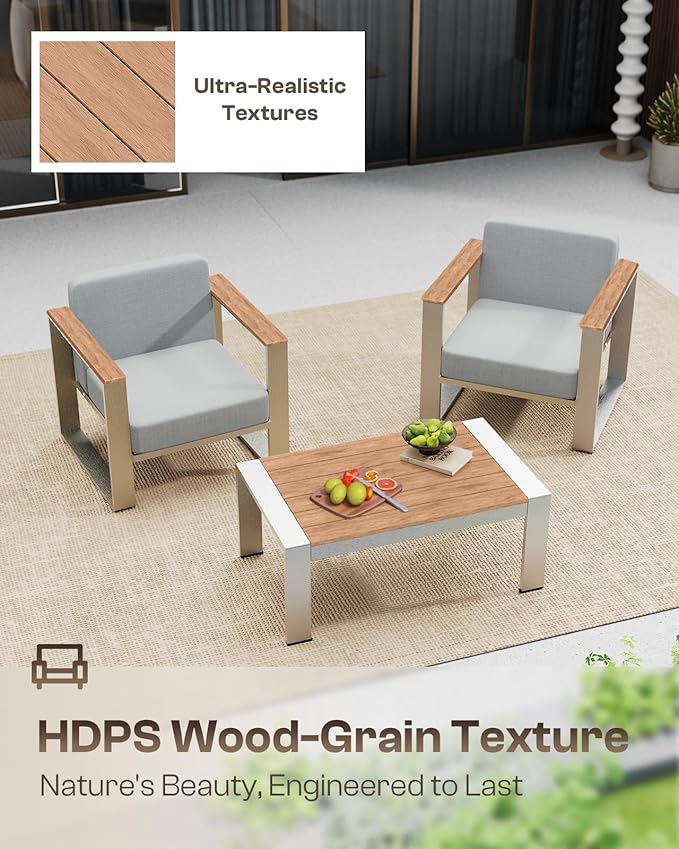 Aluminum Patio Furniture Set, 5 Seats Outdoor Patio Conversation Sets with Ergonomic Seat and Wide Washable Thick Cushions, Modern Outdoor Sectional Furniture for Balcony, Porch (Teak-Gray)