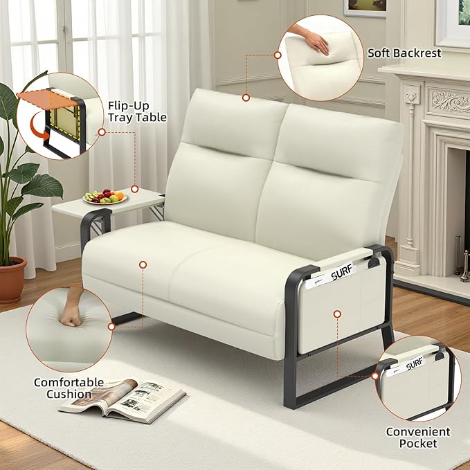 Faux Leather Sectional Couches for Living Room 3 Piece Loveseat and Chair Set with Flip Up Tray Tables Side Pockets Modern Modular Sectional Sofa for Office (2-Seat+1-Seat+1-Seat, Beige)