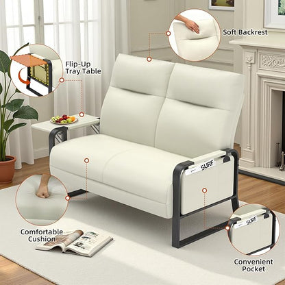 Faux Leather Sectional Couches for Living Room 3 Piece Loveseat and Chair Set with Flip Up Tray Tables Side Pockets Modern Modular Sectional Sofa for Office (2-Seat+1-Seat+1-Seat, Beige)