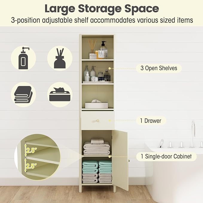 Tangkula 67" Tall Bathroom Cabinet, Narrow Floor Cabinet w/Fluted Door, 3 Open Shelves & 1 Drawer, Freestanding Storage Organizer w/Adjustable Shelf & Anti-tip Kit for Kitchen, Living Room (Beige)