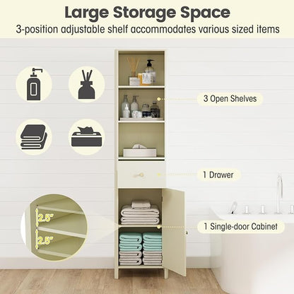 Tangkula 67" Tall Bathroom Cabinet, Narrow Floor Cabinet w/Fluted Door, 3 Open Shelves & 1 Drawer, Freestanding Storage Organizer w/Adjustable Shelf & Anti-tip Kit for Kitchen, Living Room (Beige)