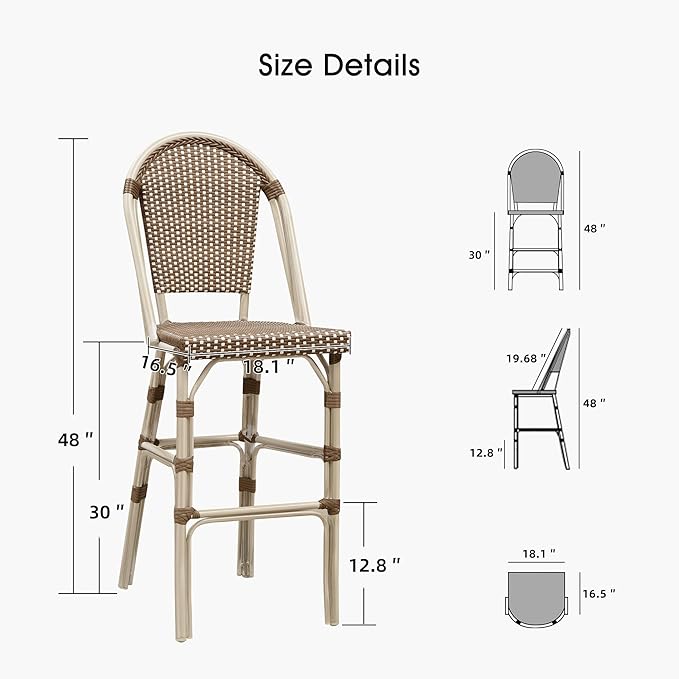 PURPLE LEAF French Bar Stool Set of 4 White Print Finish Patio Bar Stools with Back Rattan Bar Chairs Wicker Bar Height Stool 30" with Footrest Kitchen Island Stools Outdoor Barstool Brown