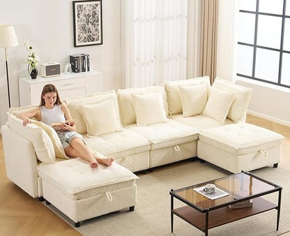 133" Modular Sectional Sofa, L-Shaped Corduroy Comfy Sectional Couches for Living Room, 3-Seater Cloud Couches with 1 Ottoman, Modern Deep Seat Sofa with Large Storage, Corduroy Beige