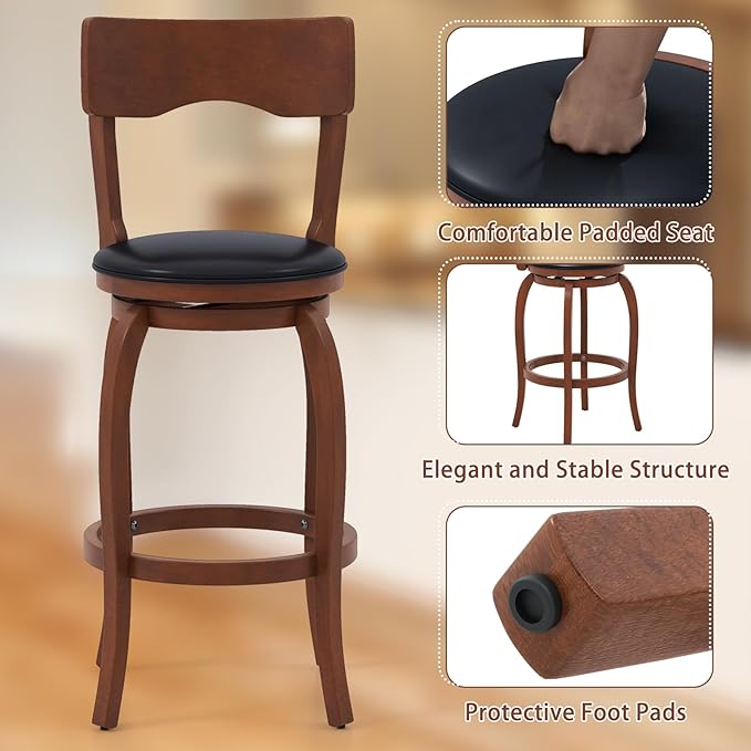COSTWAY Bar Stools Set of 2, 29 Inch Swivel Bar Height Chairs with Rubber Wood Frame, Upholstered Seat, High Back Barstools for Kitchen Island, Home Bar, Pub, Brown (2, Seat Height: 29”)