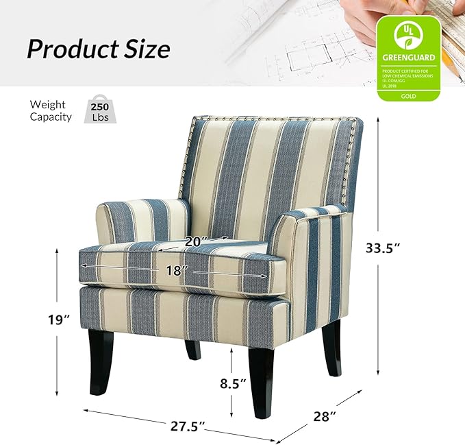 HULALA HOME Modern Accent Chair with Arms and Wooden Legs, Mid Century Accent Chair Armchair High Back Rest, Padded Armrest and Comfortable Cushioned Seat for Living Room (Stripe Blue)