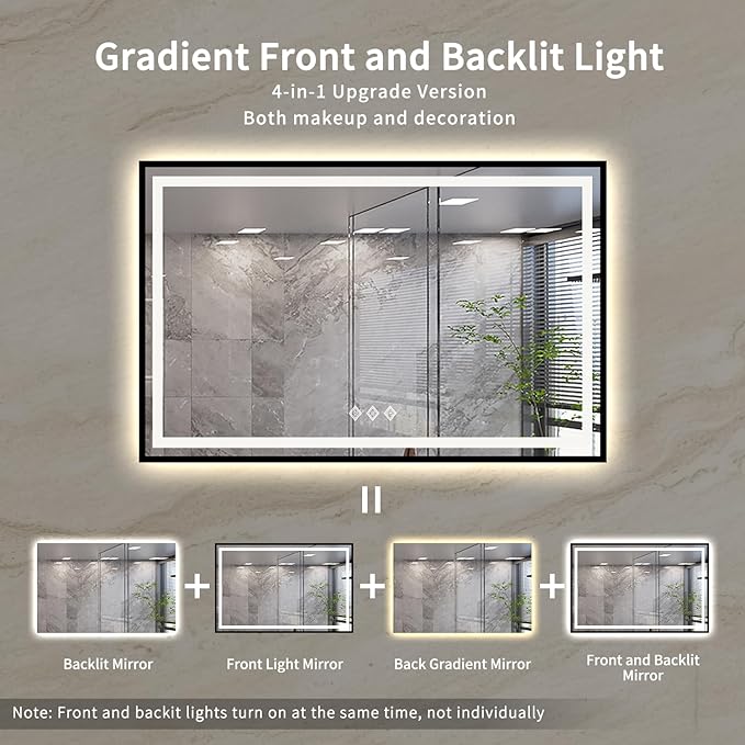 LED Bathroom Mirror, 55x36 Inch Black Framed Gradient Front and Backlit LED Mirror, 3 Colors Dimmable CRI>90, Enhanced Anti-Fog Wall Mounted Smart Mirror