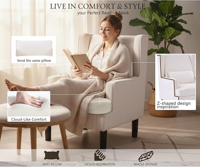 Accent Chair for Living Room Chairs Upholstered Oversized Reading Chair Armchair Accent Chairs Set of 2 Living Room Chair with High Back and Wood Legs,Arm Chair Comfy Chair for Bedroom(Beige)