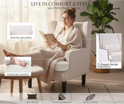 Accent Chair for Living Room Chairs Upholstered Oversized Reading Chair Armchair Accent Chairs Set of 2 Living Room Chair with High Back and Wood Legs,Arm Chair Comfy Chair for Bedroom(Beige)