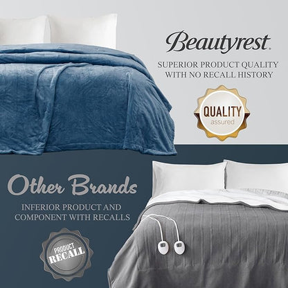 Beautyrest - BR54-0658 Heated Plush Elect Electric Blanket with 20 Heat Level Setting Controllers Equip with Secure Comfort Technology and 10 Hours Auto Shut Off, Twin: 62x84, Sapphire