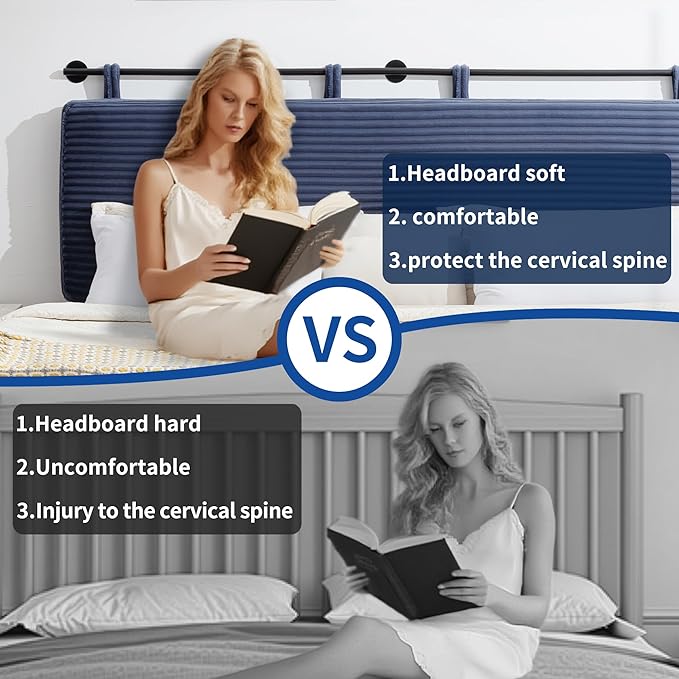UEV Queen Headboard Only, Wall Mounted Hanging Upholstered Bed Head Board, Modern Vertical Channel Design of Fine Flannel, Elegant Dark Blue Fluted Headboard for Bedroom (Dark Blue, Queen Size)