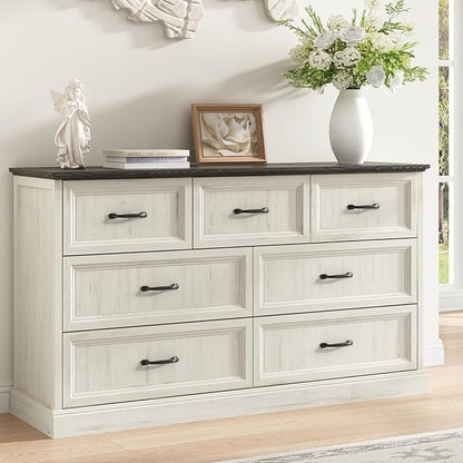 Farmhouse 7 Drawer Dresser for Bedroom, 55 Inch Wide Modern White Dresser TV Stand with Large Drawers & Bar Handles, Rustic Wood Chest of Drawers for Bedroom, Living Room