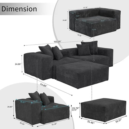WJShome Cloud Couch Modular Sectional Sofa,102inch L Shaped Sofa with Ottoman,Black 3 Seater Corduroy Couch,Convertible Sectional Sofa for Living Room,Cushion Covers Removable& Washable