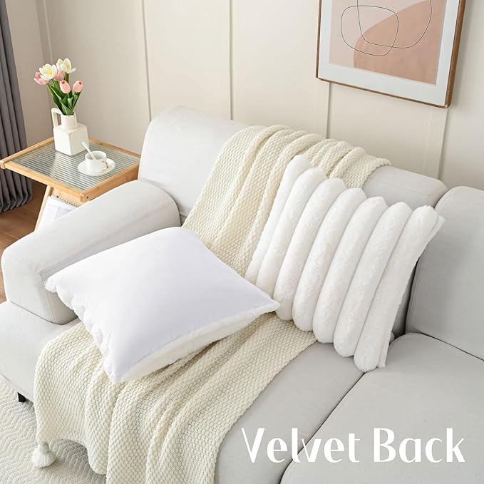FUTEI Cream White Decorative Throw Pillow Covers 20x20 Inch Set of 2, Square Soft Faux Rabbit Fur Thick Striped Cushion Cover,Winter Home Decor for Couch Bed Living Room