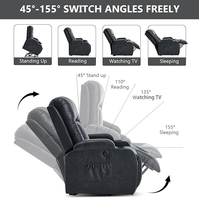 PELUMY Manual Lift Recliner Chair for Elderly with Massage & Heat, Oversized Heavy Duty 350 lbs Recliner with Cup Holders & USB Ports, Infinite Positioning Lift Chair (Breathable Leather, Dark Grey)