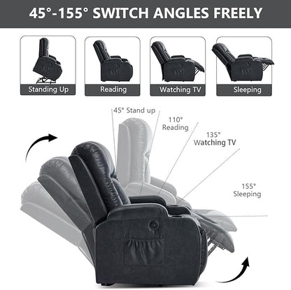 PELUMY Manual Lift Recliner Chair for Elderly with Massage & Heat, Oversized Heavy Duty 350 lbs Recliner with Cup Holders & USB Ports, Infinite Positioning Lift Chair (Breathable Leather, Dark Grey)