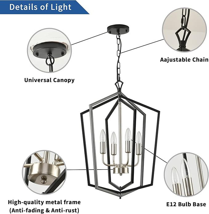 4-Light Farmhouse Chandelier for Dining Room, Modern Foyer Lighting Fixture, 18.1" Lantern Pendant Light, Kitchen Island Hanging Pendant Light Fixture, for Bedroom, Entryway Hallway