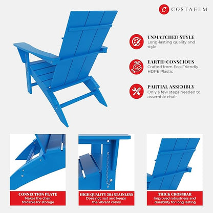 Costaelm Folding Adirondack Chairs, Outdoor Patio Adjustable Lawn Chairs, Weather Resistant Outside Firepit Chairs for Porch, Poolside, Garden, Backyard Deck, Pacific Blue