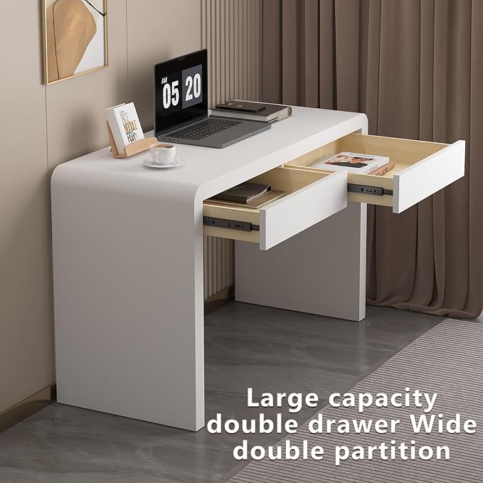47-Inch Office Desk with Pull-Out Outlet, Computer Desk with 2 Sturdy Drawers, Writing/Gaming/Work/Study Desk for Bedroom, Living Room & Home Office, Brow (White, 47.2)