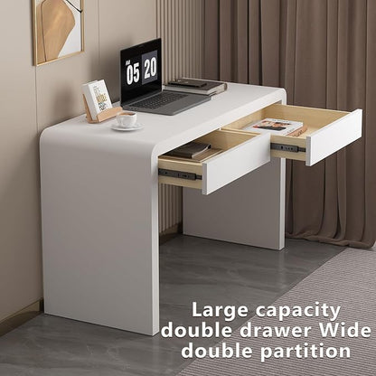 47-Inch Office Desk with Pull-Out Outlet, Computer Desk with 2 Sturdy Drawers, Writing/Gaming/Work/Study Desk for Bedroom, Living Room & Home Office, Brow (White, 47.2)