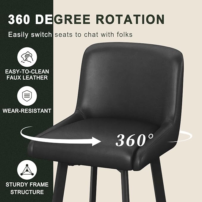 Swivel Bar Stools, 30''H Upholstered Barstools with Backs, Modern Counter Height Bar Stool Chairs for Kitchen Island, Metal Legs (Black- Faux Leather, Set of 3-30" H)
