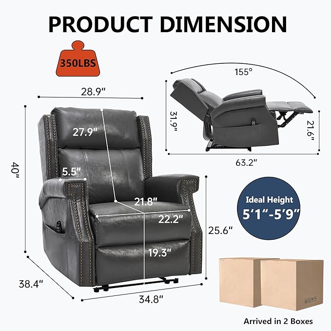 Manual Recliner Chair with Massage & Lumbar Heat, Breathable Leather Reclining Chair for Adults, Humanized Design Easy to Install Living Room Recliners Grey