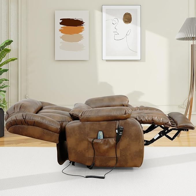 EDILLY Large Genuine Leather Power Lift Recliner Chair for Elderly, Dual Motor with Massage and Heating,with Double Lumbar Cushion and Extended Footrest,USB Port and Remote(Ocher)