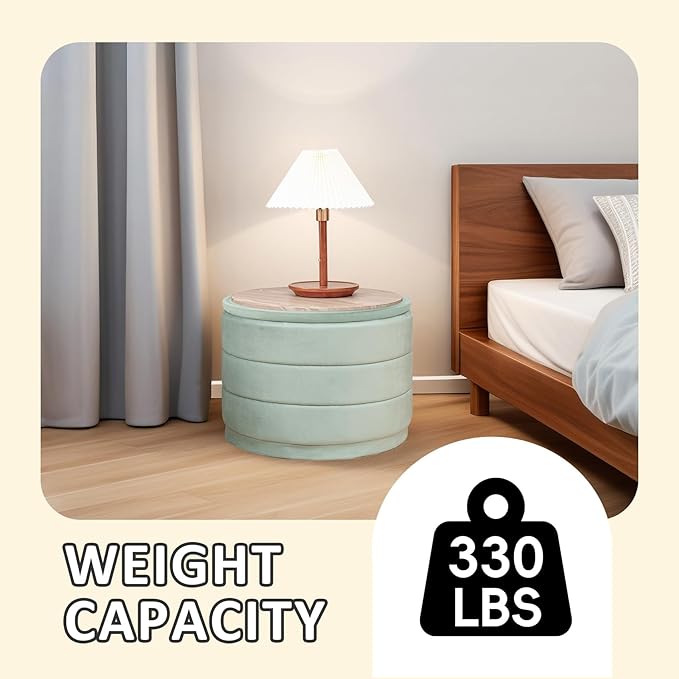PINPLUS Large Round Velvet Storage Ottoman, Sage Upholstered Footstool with Hidden Storage, Sturdy Coffee Table Ottoman for Living Room & Bedroom