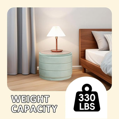 PINPLUS Large Round Velvet Storage Ottoman, Sage Upholstered Footstool with Hidden Storage, Sturdy Coffee Table Ottoman for Living Room & Bedroom
