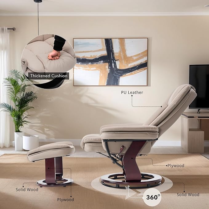 Argus Swivel Recliner with Ottoman, PU Leather & Wood Base Reclining Chair with Footrest, Ultra-Plush Double Foam for Living Room, Bedroom and Office