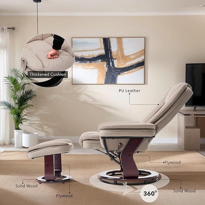 Argus Swivel Recliner with Ottoman, PU Leather & Wood Base Reclining Chair with Footrest, Ultra-Plush Double Foam for Living Room, Bedroom and Office