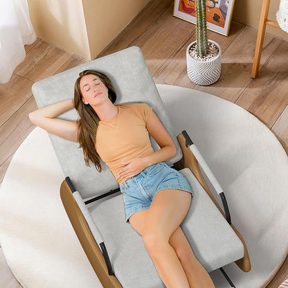 Upholstered Recliner Rocking Chair Nursery with Adjustable Backrest and Footrest, Comfy Corduroy Foldable Glider Chair for Bedroom & Living Room, Beige