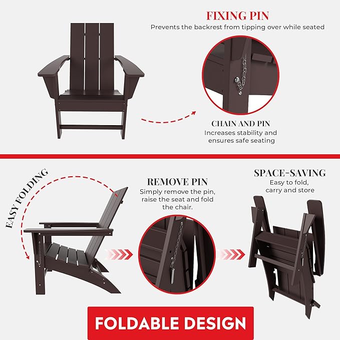 Costaelm Folding Adirondack Chairs, Outdoor Patio Adjustable Lawn Chairs, Weather Resistant Outside Firepit Chairs for Porch, Poolside, Garden, Backyard Deck, Dark Brown