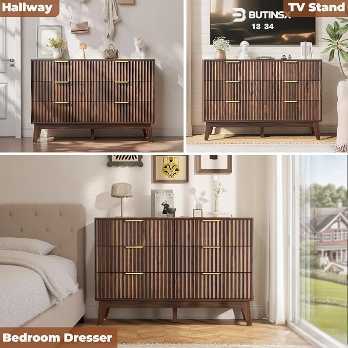 Modern 6 Drawer Dresser, Walnut, Fluted Wave Design, Rounded Corners, Mid Century Dresser TV Stand, 48" Wide Chest of Drawers for Bedroom and Living Room