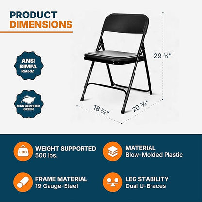 OEF Furnishings OEF800 Series Premium Heavy-Duty Plastic Folding Chairs, Lightweight, Durable Seating for Indoor and Outdoor Use, 500 lb Capacity (4-Pack, Black Plastic with Black Frame)