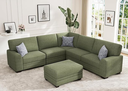 Wanderwell Oversized Modular Sectional Sofa, 6-Seater U Shaped Couches with Movable Ottoman,Corduroy Sectional Couch with Wide and Deep Seats Suitable for Living Room,Bedroom,Apartment (Olive, L-6)