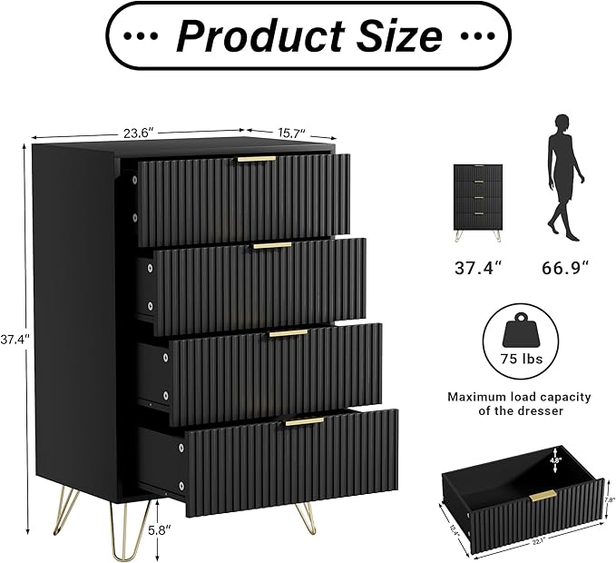 Black Dresser for Bedroom, Modern Wide Dresser with Gold Pulls and 4 Drawers for Bedroom, Closets, 15.7" D x 23.6" W x 37.4" H