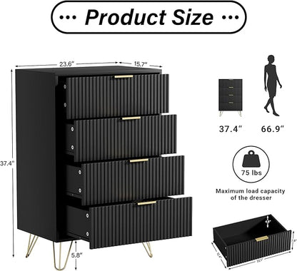 Black Dresser for Bedroom, Modern Wide Dresser with Gold Pulls and 4 Drawers for Bedroom, Closets, 15.7" D x 23.6" W x 37.4" H