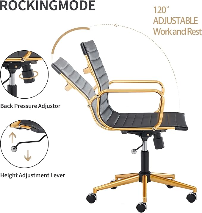 COROCC Office Desk Chair Modern Conference Room Task Chairs Leather Computer Swivel Excutive Ribbed Ergonomic Rolling Comfortable Chair for Home Office Black and Gold Chair