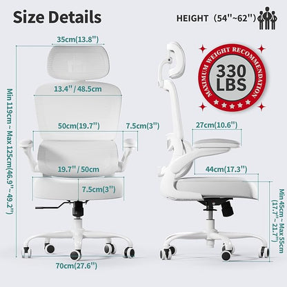 TRALT Office Chair Ergonomic Desk Chair, 330 LBS Home Mesh Office Desk Chairs with Wheels, Comfortable Gaming Chair, High Back Office Chair for Long Hours (White White)