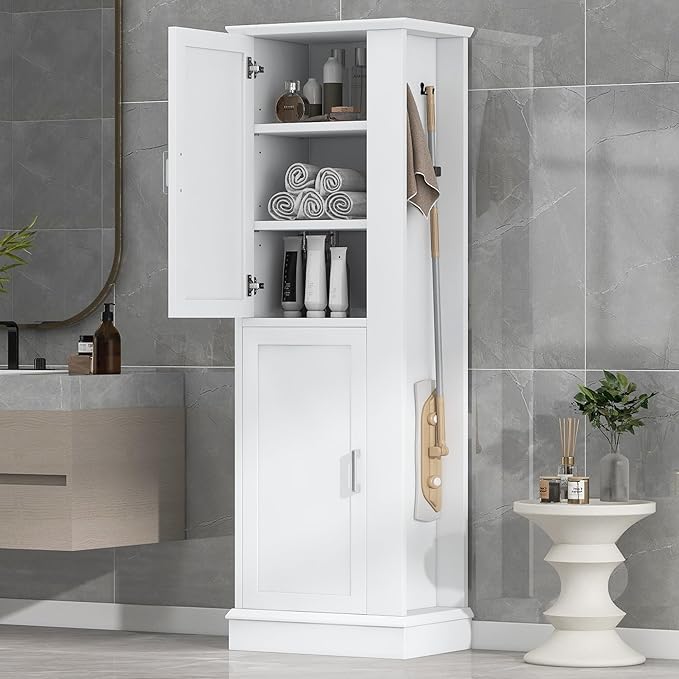 Tall Storage Cabinet, Bathroom Floor Freestanding Storage Cabinet with Hook and Adjustable Shelf for Bathroom, Office, Living Room, White