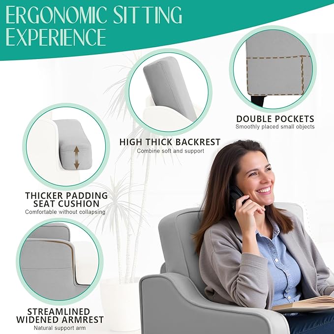 Modern Accent Chairs Set of 2 Upholstered Reading Chair for Bedroom with Side Pockets Comfy Living Room Chairs Living Room Armchair for Office, Apartment (Grey)