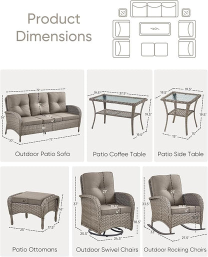 Patio Furniture-All Weather Wicker Patio Conversation Sets with Swivel Patio Chairs High Back Outdoor Couch with Swivel Rocking Chairs Outdoor Furniture for Deck Lawn Porch Balcony Poolside-Grey/Grey