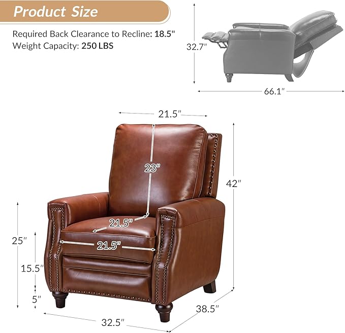 HULALA HOME Genuine Leather Recliner Chair Set of 2, Push Back Recliner Armchair with Thick Seat and Backrest(Brown)