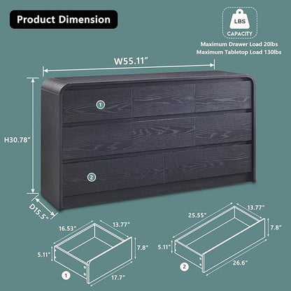 Modern 8 Drawers Dresser for Bedroom, 55" Wide Dressers & Chest of Drawers w/Curved Profile Design, Wood Mid Century Storage Dressers Organizer for Bedroom, Living Room, Black