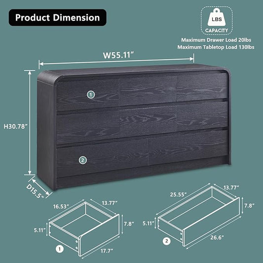 Modern 8 Drawers Dresser for Bedroom, 55" Wide Dressers & Chest of Drawers w/Curved Profile Design, Wood Mid Century Storage Dressers Organizer for Bedroom, Living Room, Black