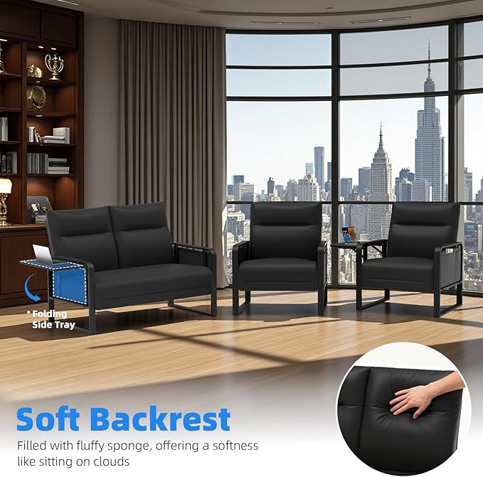 3 Piece Living Room Sofa Set, Leather Sofa Sets with Side Tray & Pocket, Modern 3 Pcs Sectional Couches Set for Apartment, Office, Bedroom (Black, Lovseat+2-Seat)
